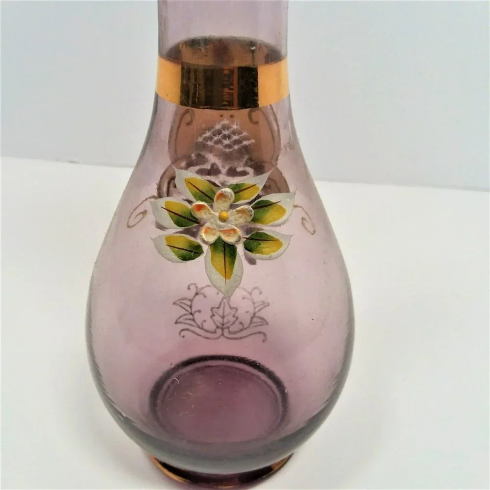 Purple Bud Vase VTG Norleans Floral Art Hand Painted Enameled Flowers Gold Trim